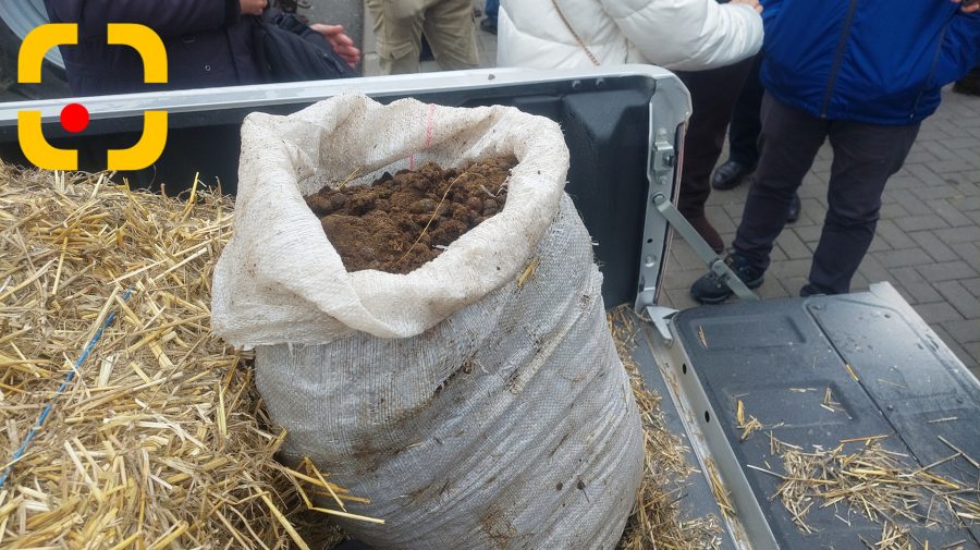 FOTO Surpriza cu care au venit fermierii nemulțumiți sub geamul lui Recean! Saci cu bălegar